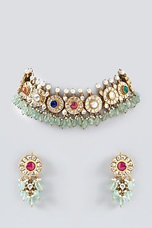Gold Finish Navratna Kundan Polki Necklace Set