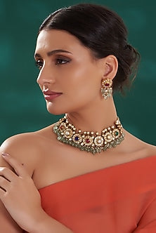 Gold Finish Navratna Kundan Polki Necklace Set