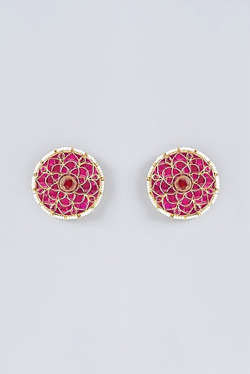 Gold Finish Red Kundan Polki Stud Earrings