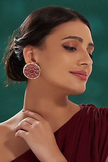 Gold Finish Red Kundan Polki Stud Earrings