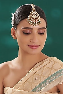 Gold Finish Green Kundan Polki Maangtikka