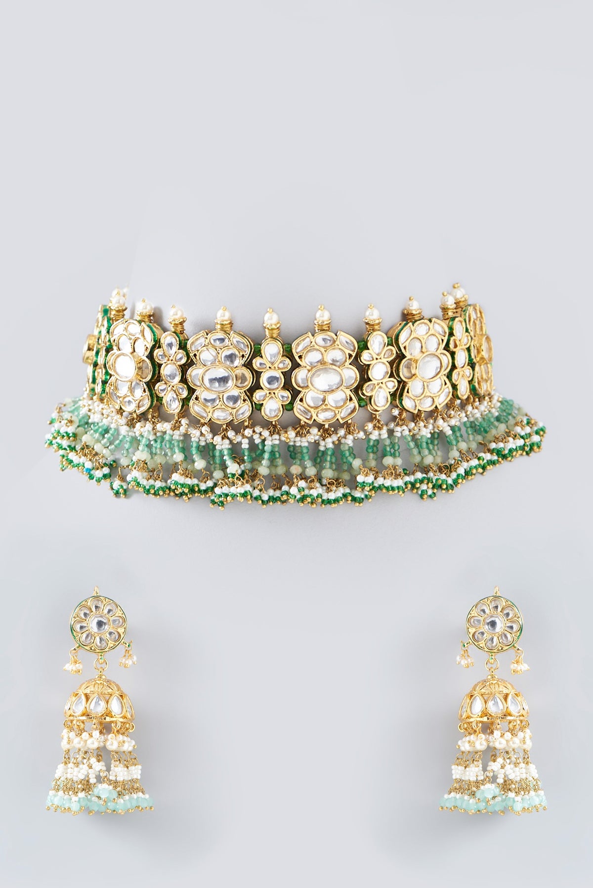 Gold Finish Green Kundan Choker Necklace Set