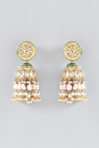 Gold Finish Green Kundan Jhumka Earrings