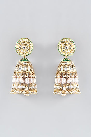 Gold Finish Green Kundan Jhumka Earrings