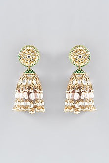 Gold Finish Green Kundan Jhumka Earrings