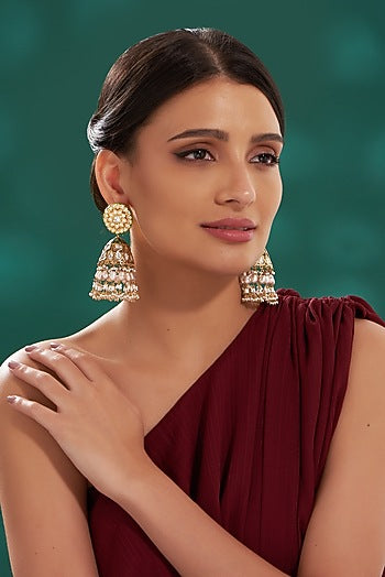 Gold Finish Green Kundan Jhumka Earrings