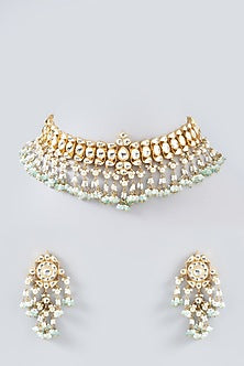 Gold Finish Mint Green Kundan Choker Necklace Set