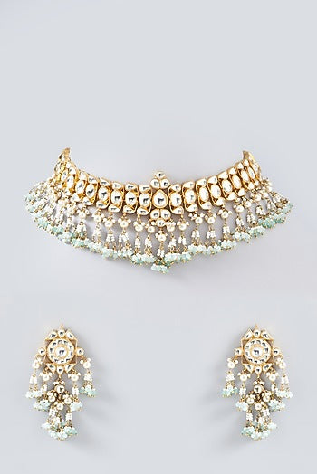 Gold Finish Mint Green Kundan Choker Necklace Set