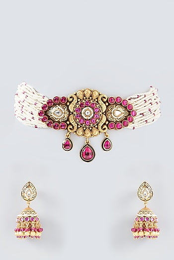 Gold Finish Kundan & Ruby Choker Necklace Set