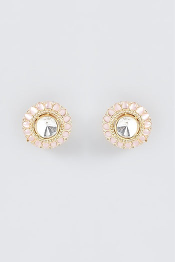 Gold Finish Pink Fluorite Stud Earrings