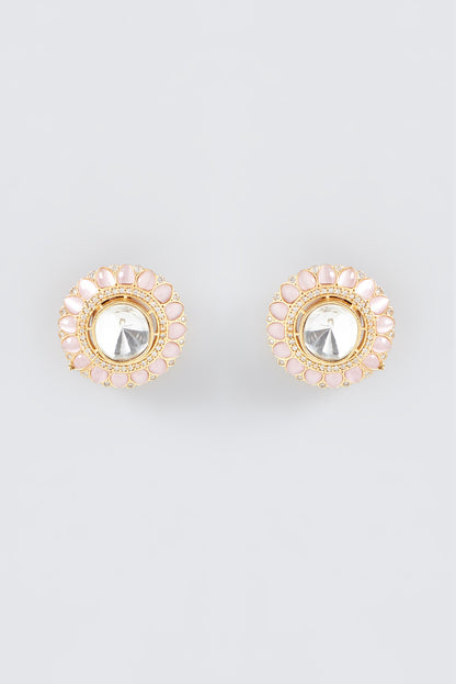 Gold Finish Pink Fluorite Stud Earrings