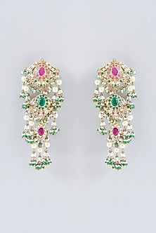 Gold Finish Ruby & Green Jadau Dangler Earrings