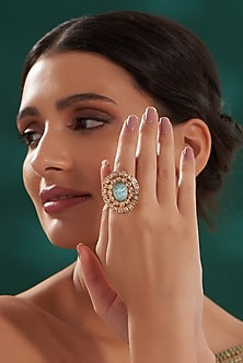 Gold Finish Mint Kundan Ring