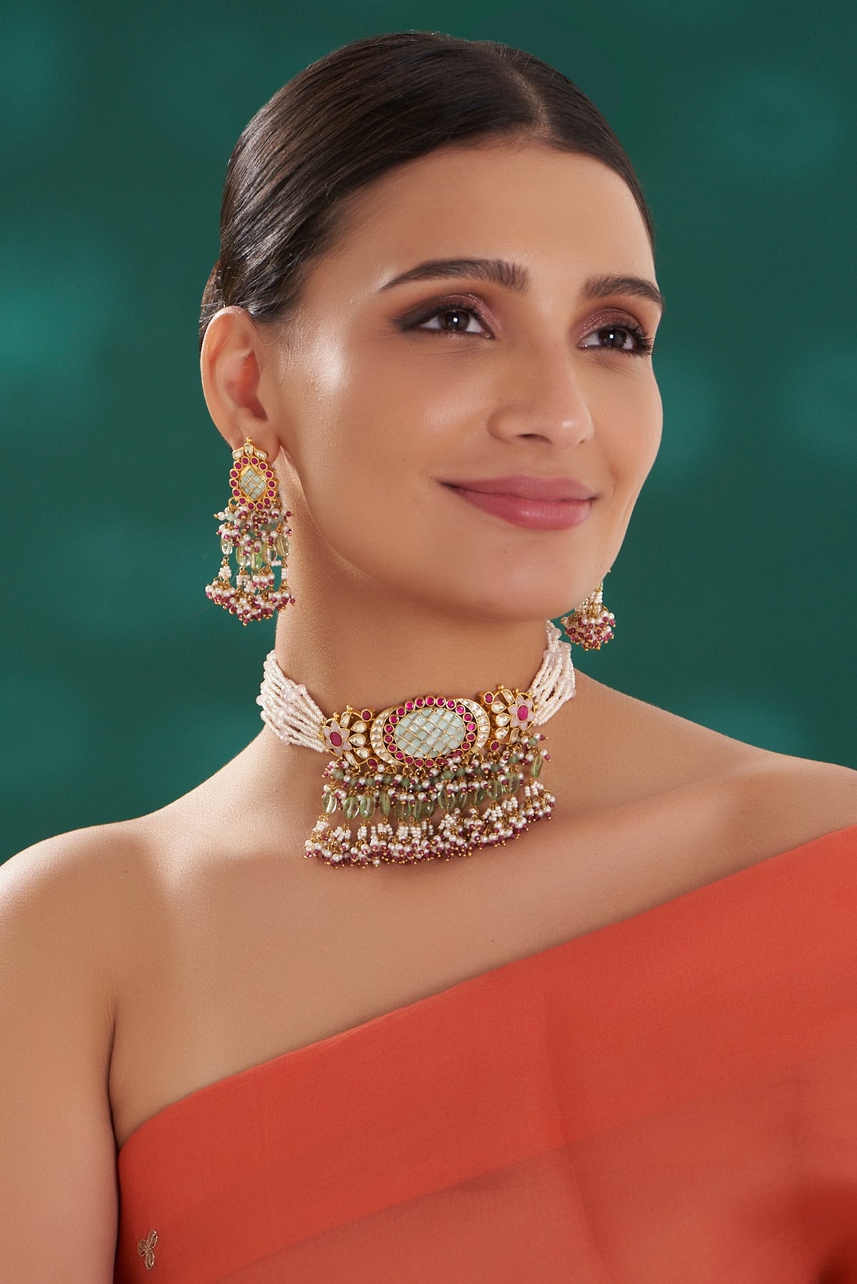 Gold Finish Turquoise Kundan Choker Necklace Set