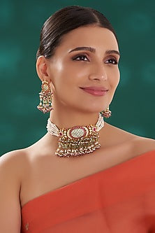 Gold Finish Turquoise Kundan Choker Necklace Set