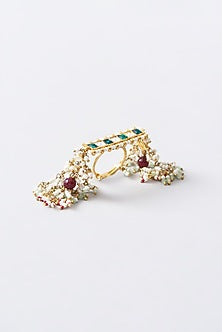 Gold Finish Green Kundan Ring
