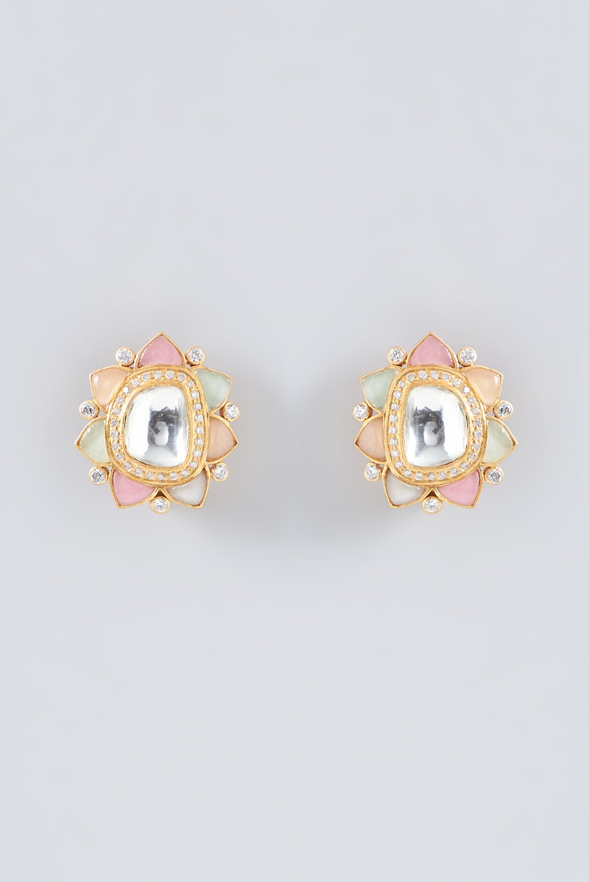 Gold Finish Pink & Mint Fluorite Stud Earrings