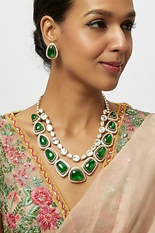 Gold Finish Green Onyx & Kundan Polki Long Necklace Set