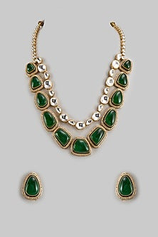 Gold Finish Green Onyx & Kundan Polki Long Necklace Set