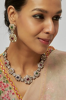 Antique Gold Finish Zircon & Navratna Polki Long Necklace Set
