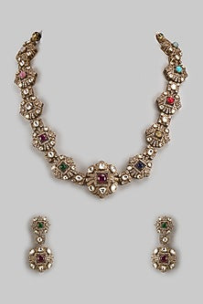 Antique Gold Finish Zircon & Navratna Polki Long Necklace Set