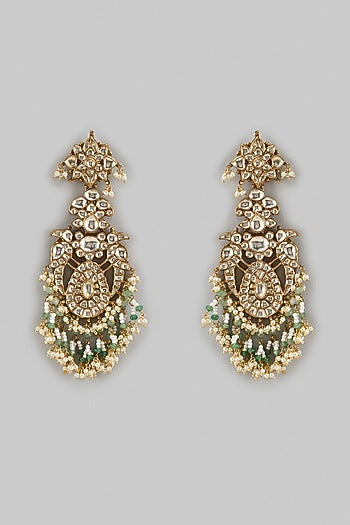 Gold Finish Kundan Polki & Pearl Drop Dangler Earrings