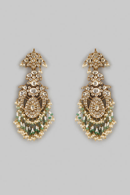 Gold Finish Kundan Polki & Pearl Drop Dangler Earrings