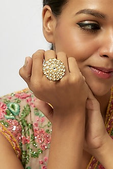 Gold Finish Kundan Polki Meenakari Ring