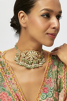 Gold Finish Kundan Polki & Green Onyx Choker Neclace