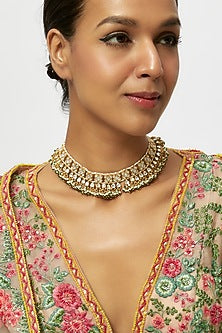 Gold Finish Kundan Polki & Pearl Drop Necklace