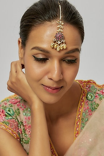 Gold Finish Red Kundan Polki & Pearl Drop Maangtikka