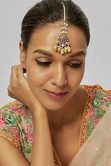 Gold Finish Red Kundan Polki & Pearl Drop Maangtikka