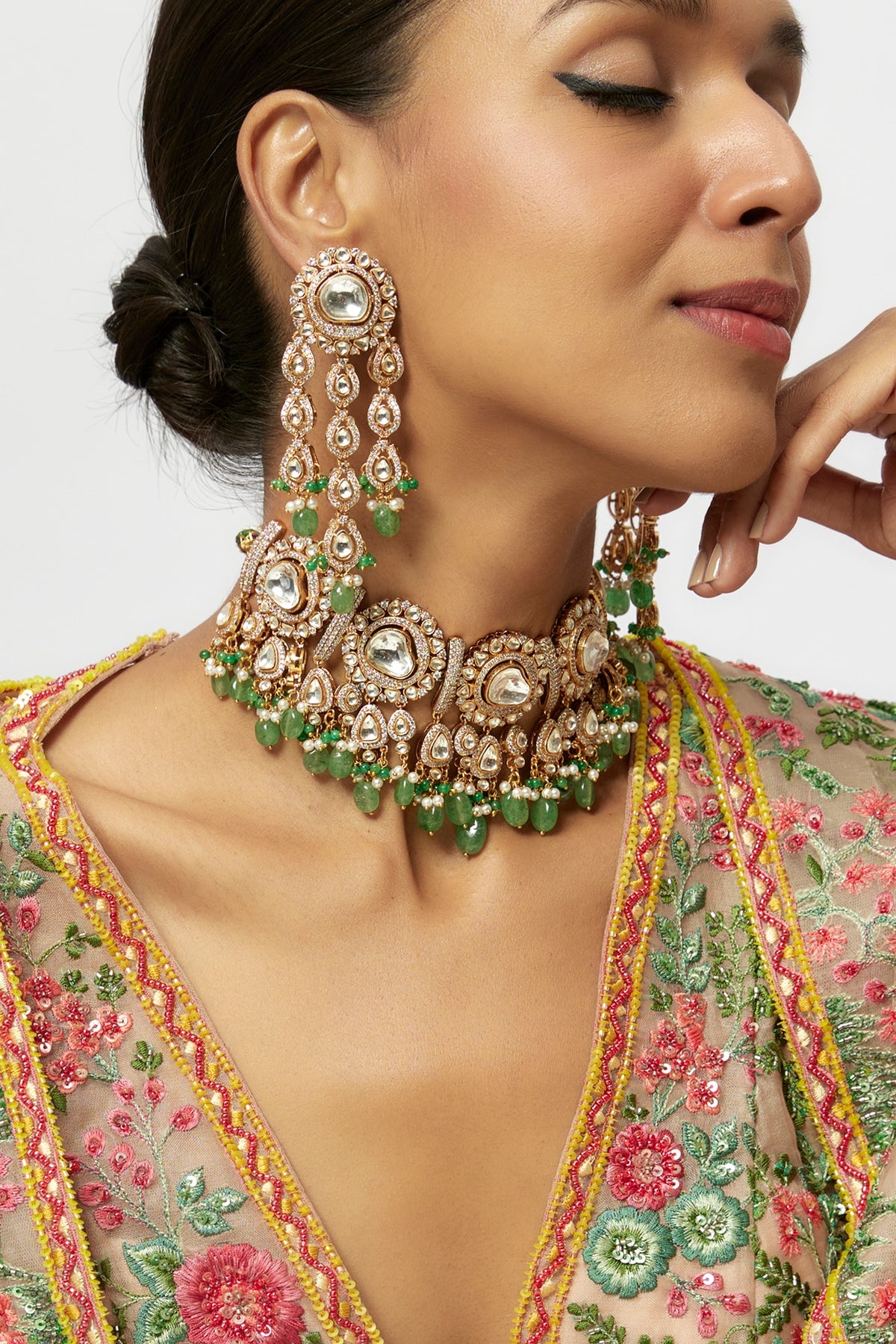 Gold Finish Kundan Polki & Green Onyx Drop Choker Necklace Set