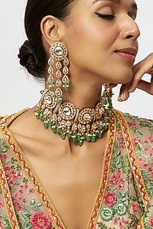 Gold Finish Kundan Polki & Green Onyx Drop Choker Necklace Set