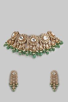 Gold Finish Kundan Polki & Green Onyx Drop Choker Necklace Set