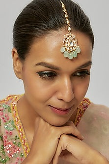 Gold Finish Mint Kundan Polki & Fluorite Drop Maangtikka