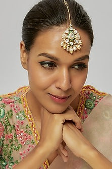 Gold Finish Green Kundan Polki & Pearl Drop Maangtikka