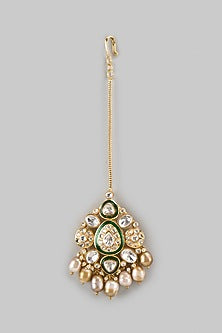 Gold Finish Green Kundan Polki & Pearl Drop Maangtikka
