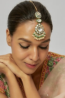 Gold Finish Kundan Polki & Pearl Drop Meenkari Maangtikka
