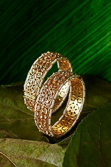 Gold Finish White Kundan Polki Bangles (Set Of 2)
