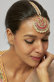 Gold Finish Red Kundan Polki & Pearl Drop Maangtikka