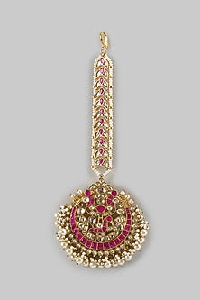 Gold Finish Red Kundan Polki & Pearl Drop Maangtikka