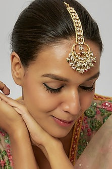 Gold Finish Kundan Polki & Multi-Colored Drop Maangtikka