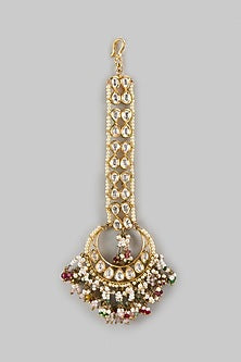 Gold Finish Kundan Polki & Multi-Colored Drop Maangtikka