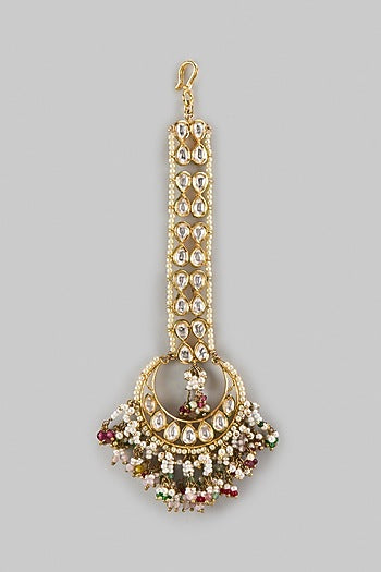 Gold Finish Kundan Polki & Multi-Colored Drop Maangtikka