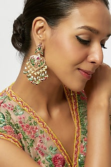 Gold Finish Kundan Polki & Multi-Colored Drop Dangler Earrings