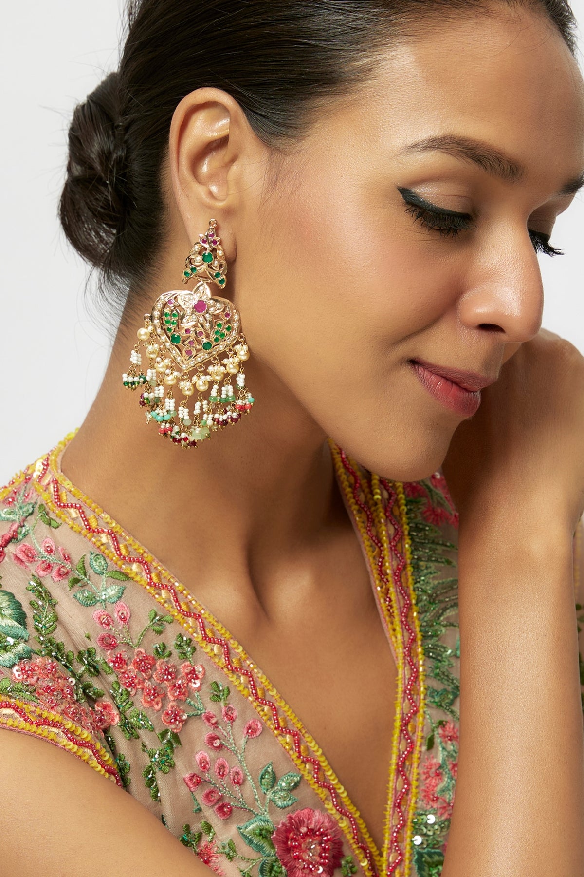 Gold Finish Kundan Polki & Multi-Colored Drop Dangler Earrings