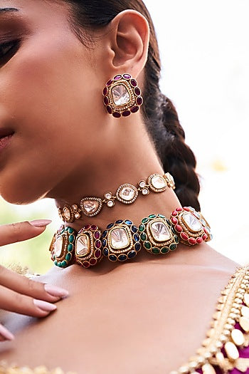 Gold Finish Kundan Polki Necklace Set