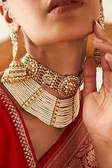 Gold Finish Kundan Polki & Pearl Choker Necklace