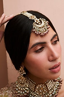 Gold Finish Kundan Polki & Pearl Maangtikka